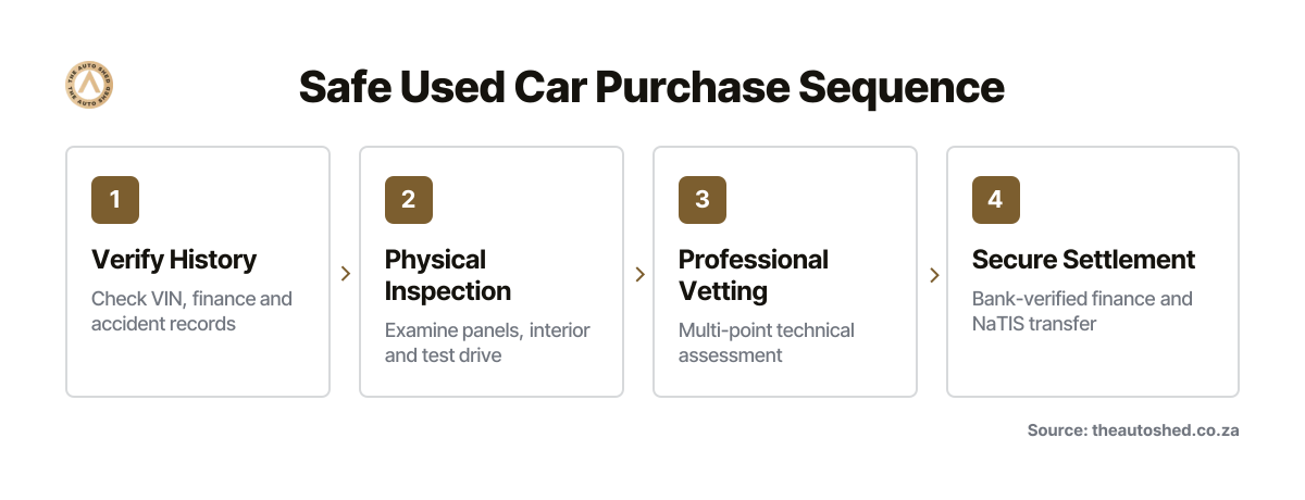 Four sequential steps for safely purchasing a premium used vehicle in South Africa: history verification, physical inspection, professional vetting and secure finance settlement.