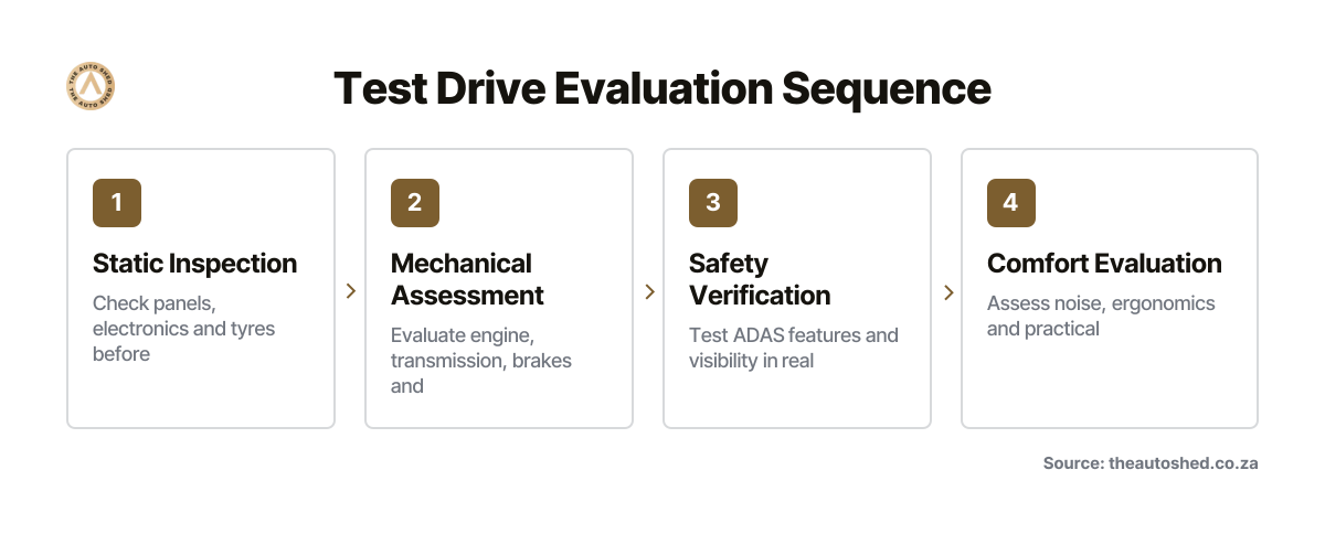 Four sequential steps for evaluating a premium used vehicle: static inspection, mechanical assessment, safety verification and comfort evaluation